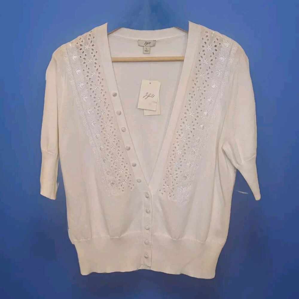 J. Jill Cardigan Sweater Womens Size Large Embroidery Fabric-Button Cottage